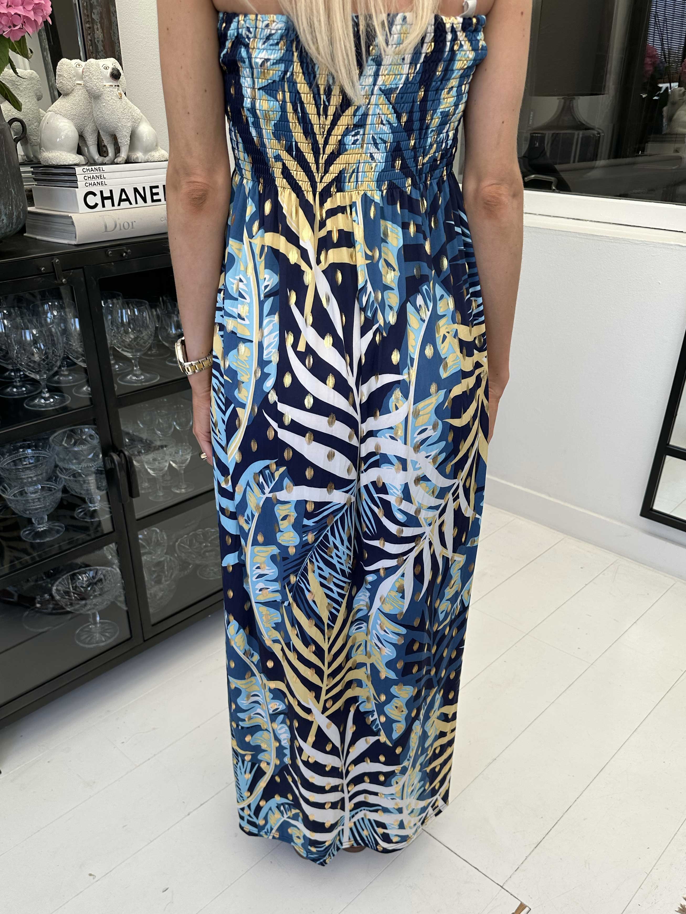 Mitsi Forest Long - Elastisk mönstrad klänning med gulddetaljer